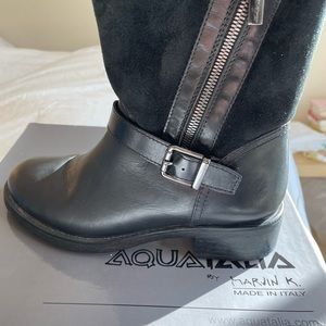 Aquatalia Black Leather Shearling Moto Boots weatherproof 7